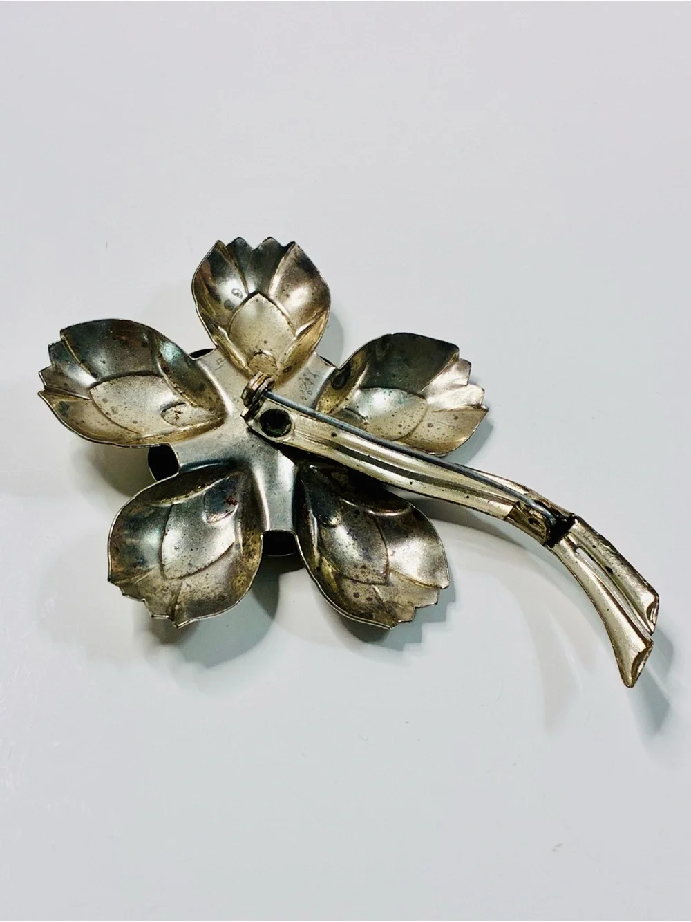 Vintage Estate Heirloom Flower Brooch with Green Glass Center